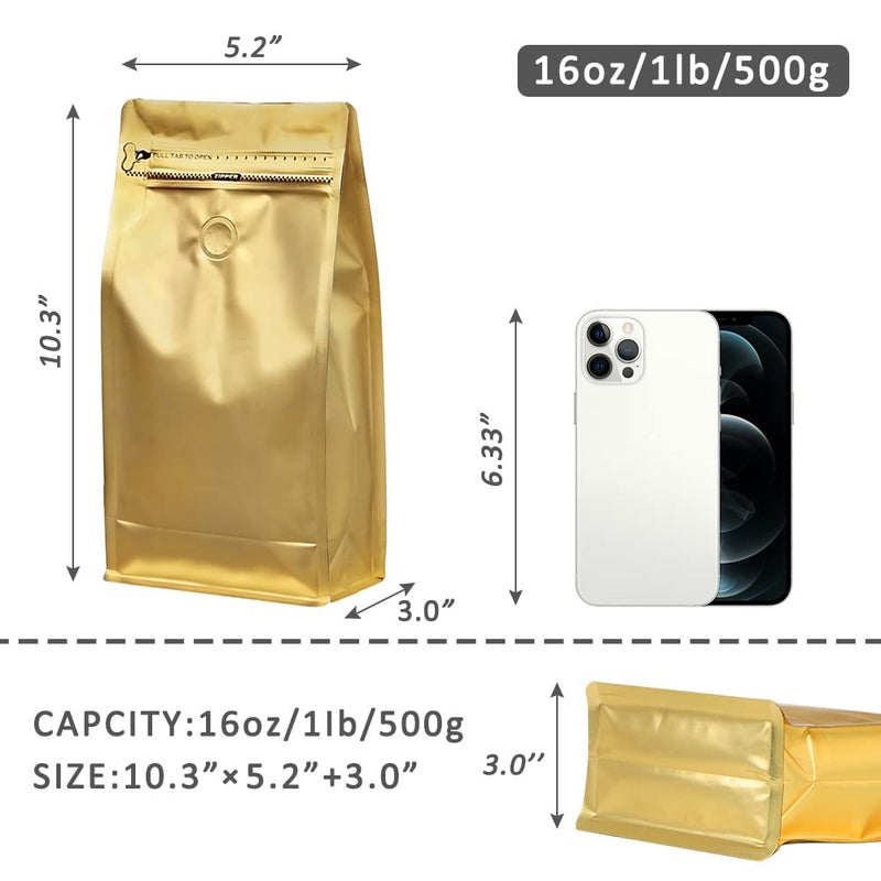 REMTAP Coffee Bags with Valve(50pcs,16 oz,1 lb) Gold High Barrier Aluminum Foil Flat Bottom Standing Coffee Beans Storage Bags,Reusable Heat Sealable Side Zipper Pouches for Home or Store - Image 2